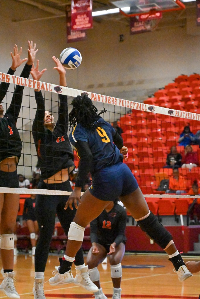 Volleyball player jumping to hit the ball mid-air during a game.