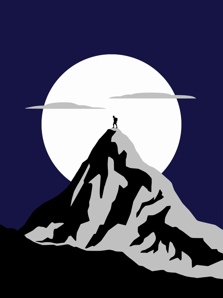 Illustration of a mountain and moon in blue and white. 